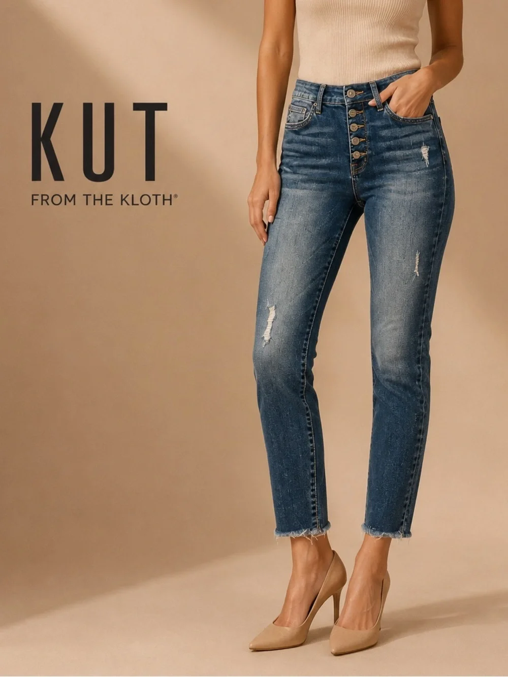 Kut from the Kloth High-Rise Button-Fly Distressed Jeans - Blue Size 6